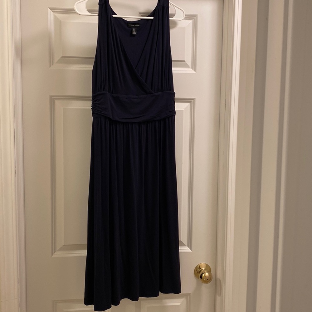 Midi length navy v neck dress